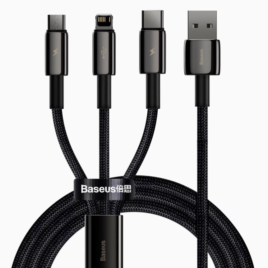 Baseus Tungsten สายชาร์จมือถือและไอแพด จ่ายกระแสไฟแรง พร้อม หัวชาร์จสาม Port (Lightning/Micro USB/Type-C