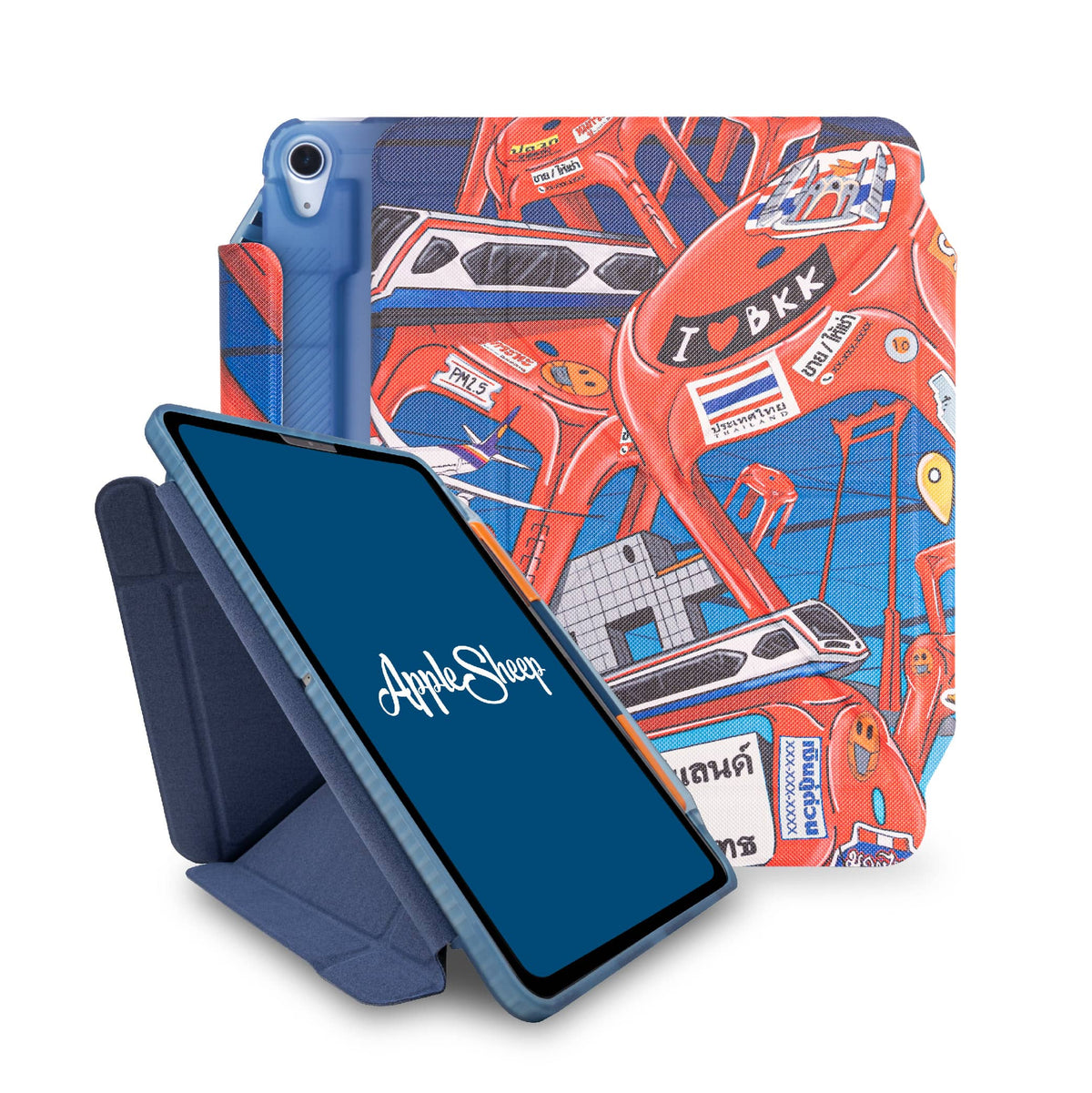 Case iPad เคสไอแพด มีที่เก็บปากกา กันงอ สีน้ำเงิน มีลาย